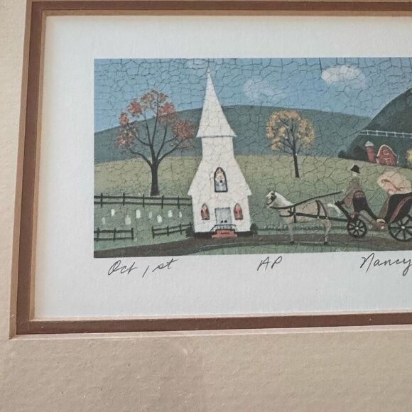 Vintage Nancy Lubeck Art Print Hand Signed AP Artists Proof‎ Fall Folk Primitive - Picture 3 of 6